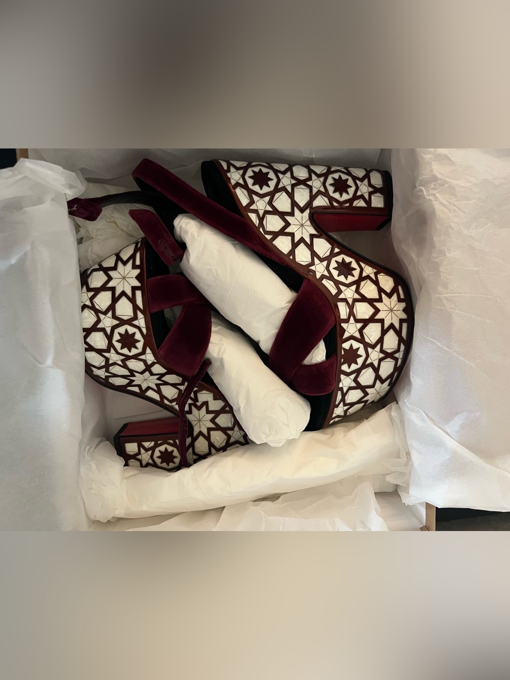 Christian Louboutin Superyaz Burgundy Velvet Platform Sandals with Mosaic-Inlay - Picture 11 of 13